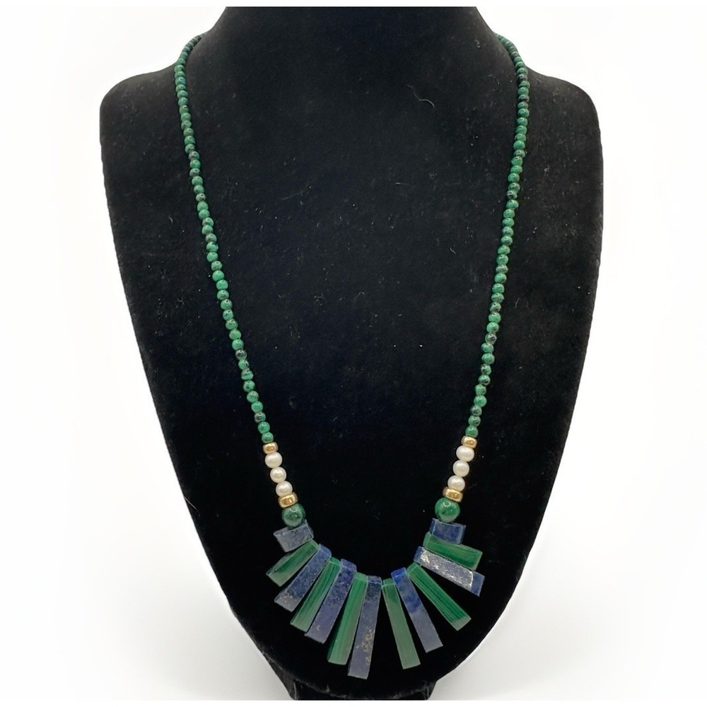Vintage Malachite Lapis Lazuli Fan Necklace Pearl & Gold Filled 14k/20 Pearl 20"
